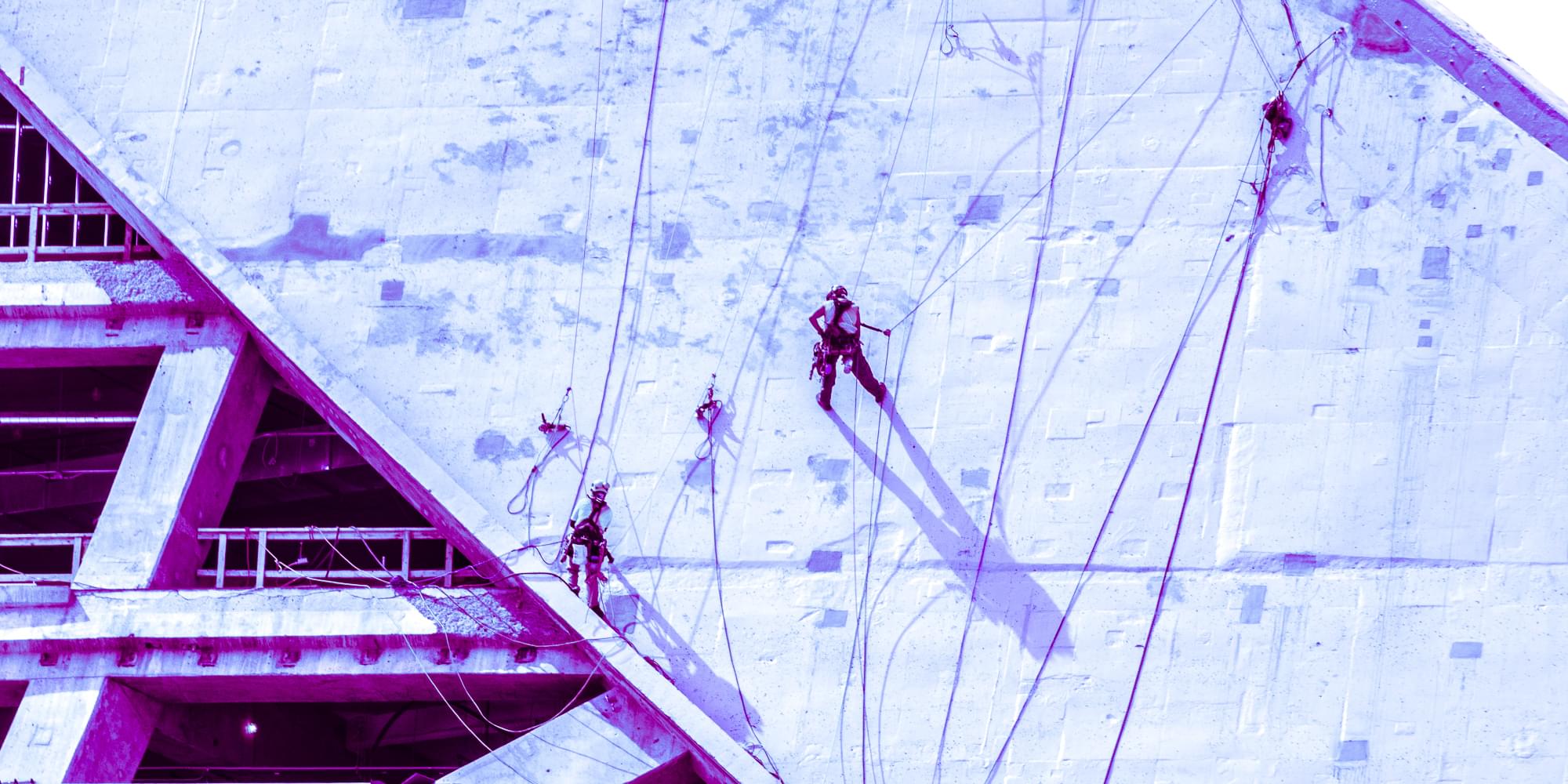 A close up of construction workers rappelled on the side of the Montreal Olympic Stadium. The outline of the stadium can not be seen. The image is heavily tinted purple.