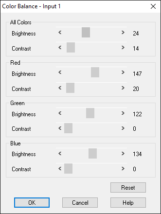 Color Balance dialog window from Vision's software. It has four fieldsets, one for All Colors, Red, Green, and Blue, each with a Brightness and Contrast slider.