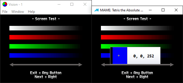 Screenshot showing a Vision's capture window next to a MAME window, on the game's scree test page. The screen test page has RGB color gradients. A color picker is used to get an accurate RGB value from within MAME, so it can be matched in the Vision software.
