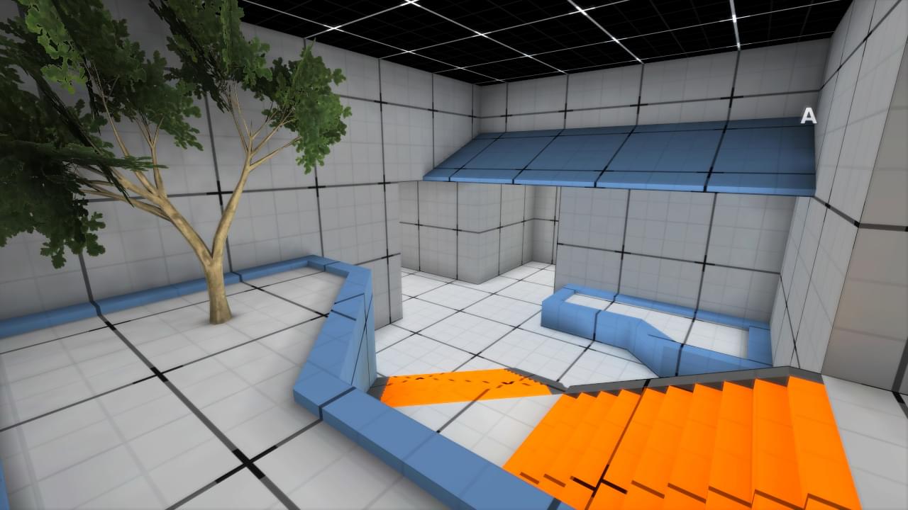 A screen shot of a video game level taken in the Warsow game engine. There is two sets of stairs shown in the level with a 3D model of a tree next to them.