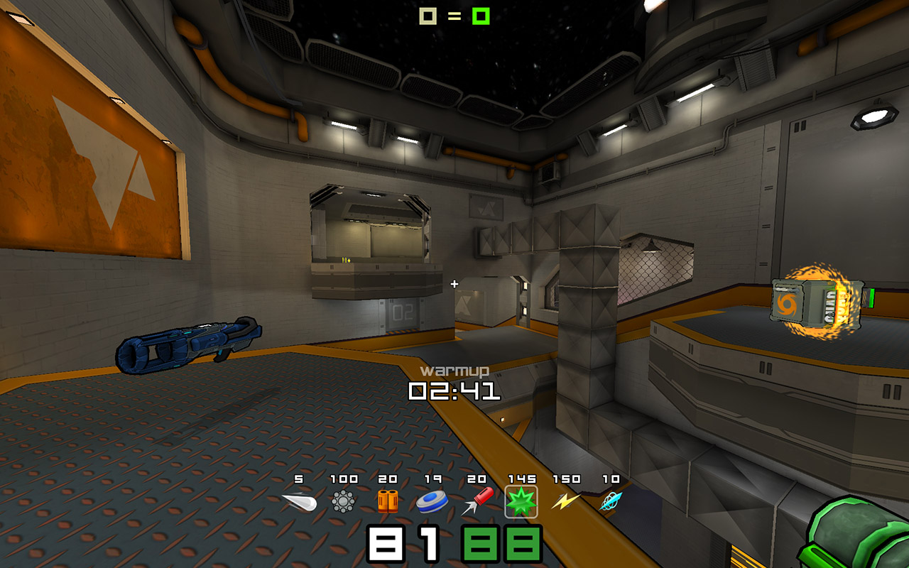 Screenshot of the game Warsow version 1.0, showcasing the 'clownHUD' HUD.