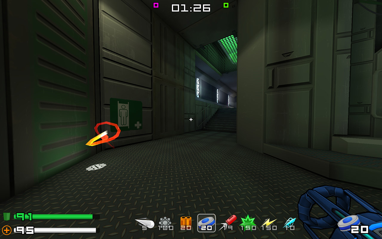 Screenshot of the game Warsow version 1.0, showcasing the default HUD.