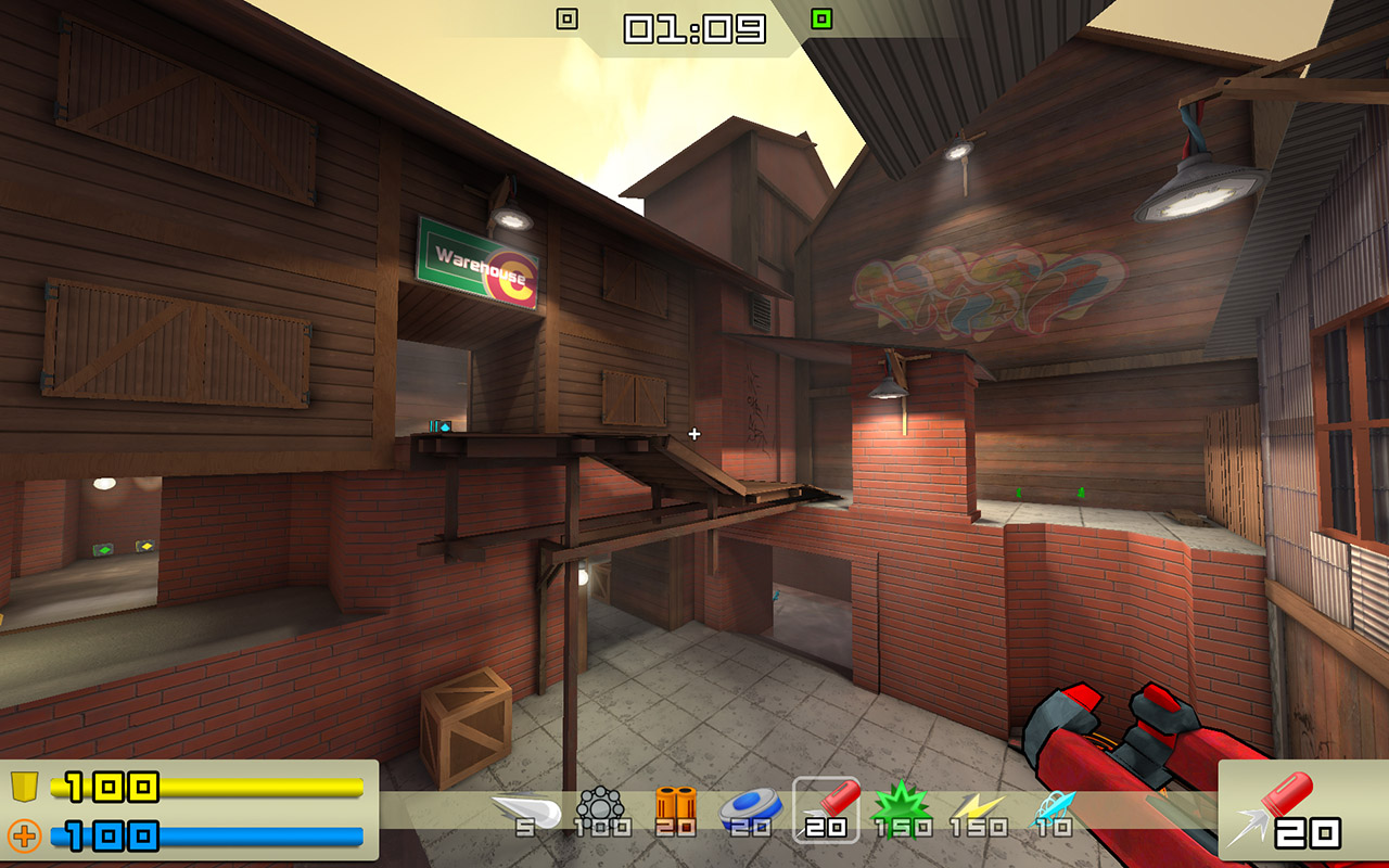 Screenshot of the game Warsow version 1.0, showcasing the 'modern' HUD.