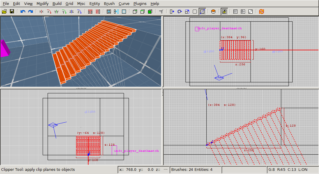 Screenshot of GtkRadiant showing progress of tutorial.