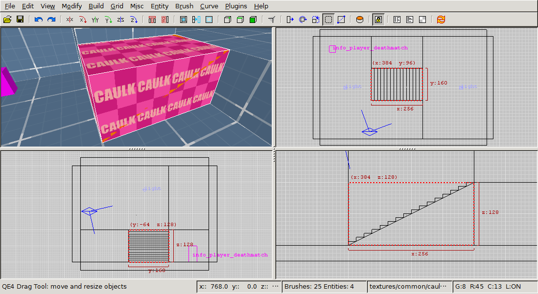 Screenshot of GtkRadiant showing progress of tutorial.