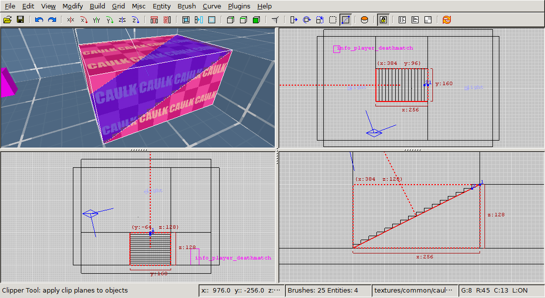 Screenshot of GtkRadiant showing progress of tutorial.