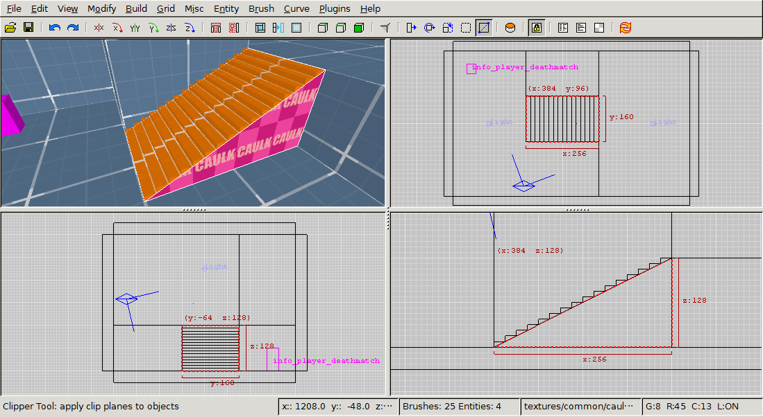 Screenshot of GtkRadiant showing progress of tutorial.