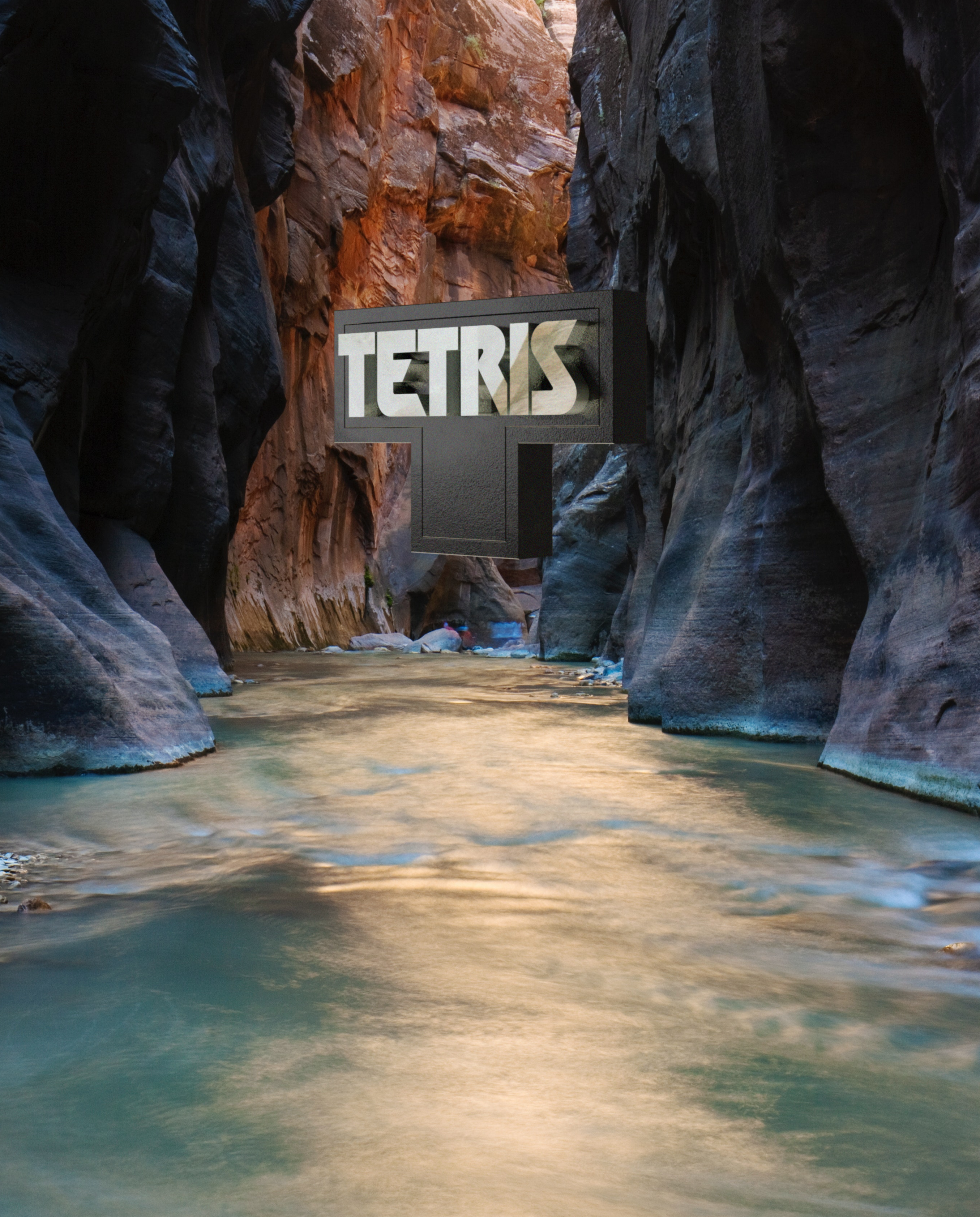 A 3D render of a black monolith Tetris logo floating above water in a cavern.