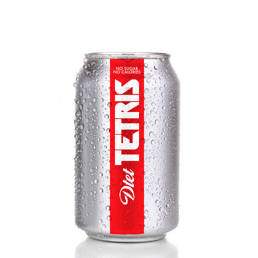 A silver soft drink can wich looks like a Diet Coke logo but the logo reads Dtet Tetris