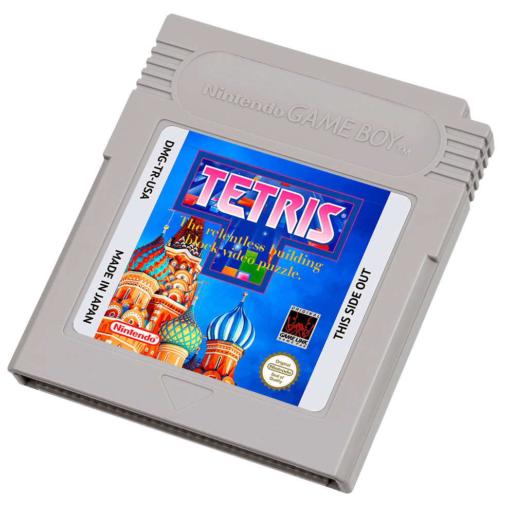 A Game Boy cartridge with a label of a modernized Tetris logo.