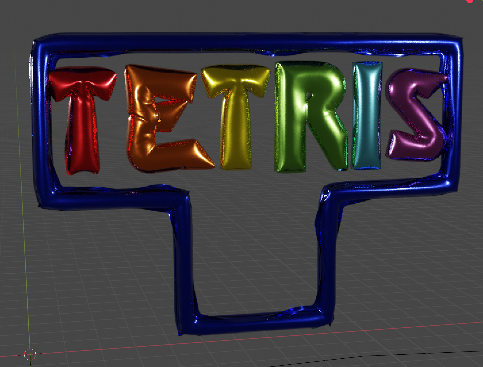 A screenshot of a 3D render of mylar balloons which are shaped to make up the Tetris logo.
