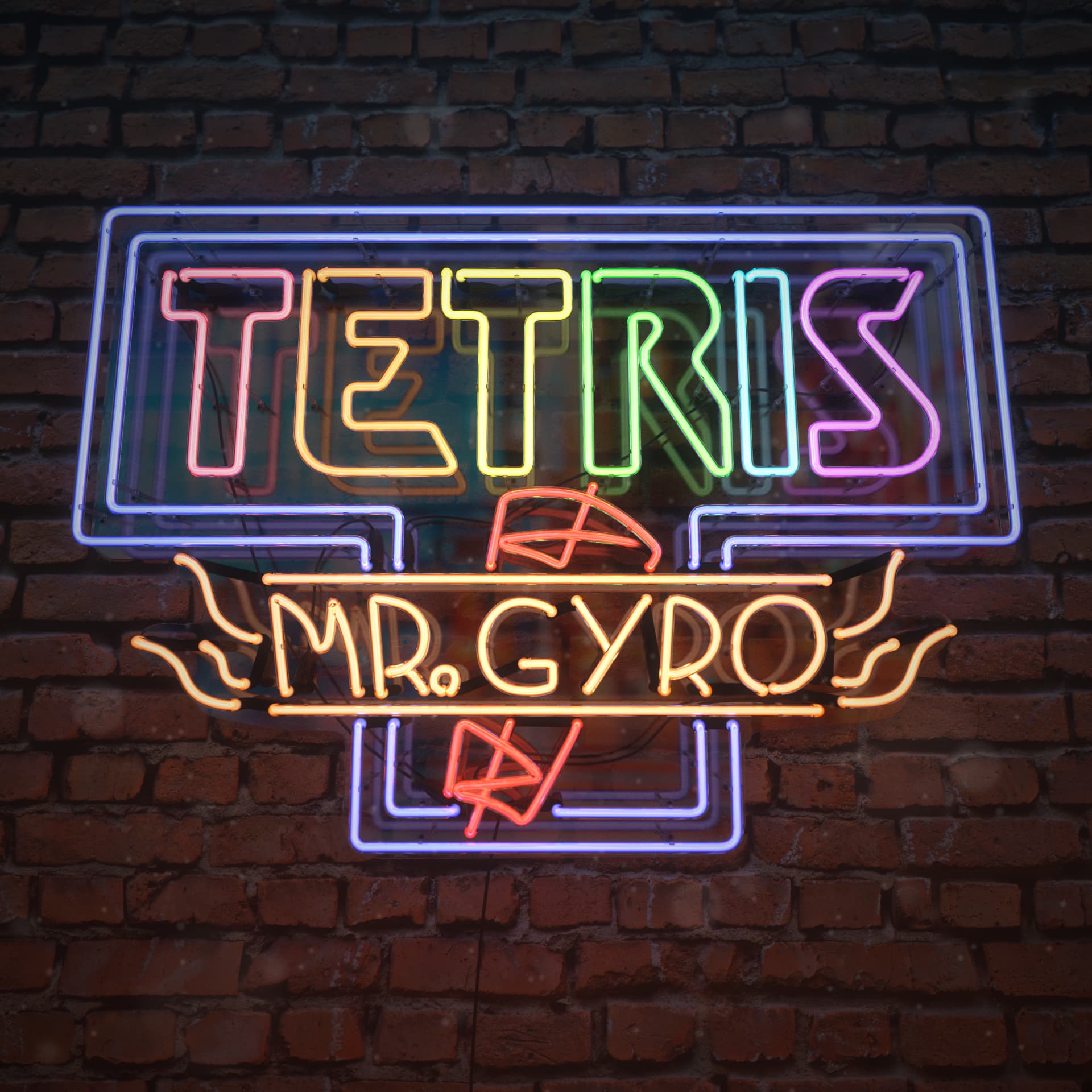 A 3D render of a neon sign of a Tetris logo with the subtitle Mr. Gyro.