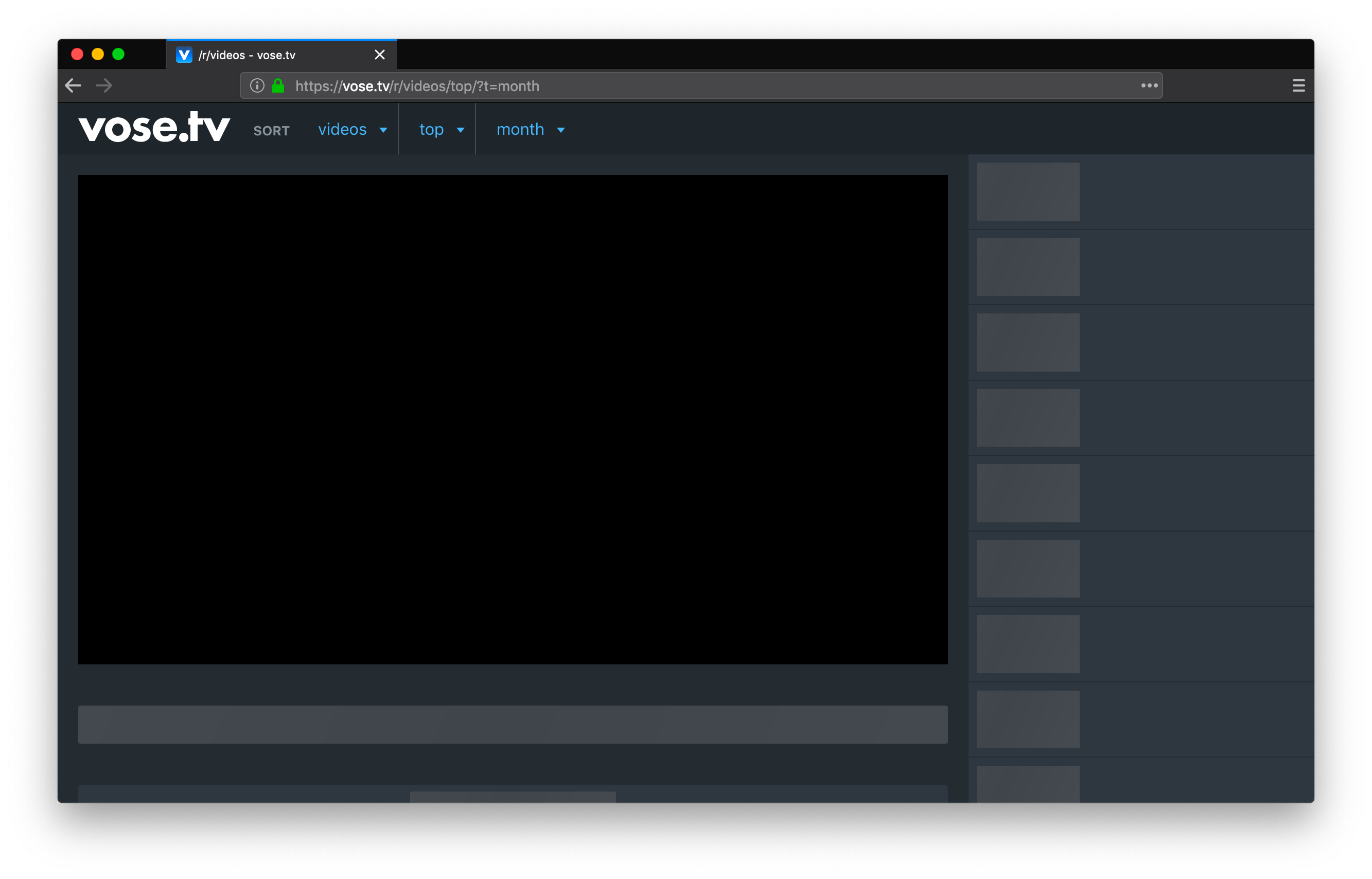 Screenshot of vose.tv while loading a new subreddit. In place of images and text elements boxes with different shades of gray are used.