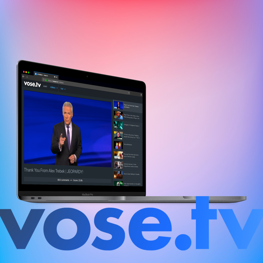 Mockup of vose.tv on a laptop with the logo underneath.